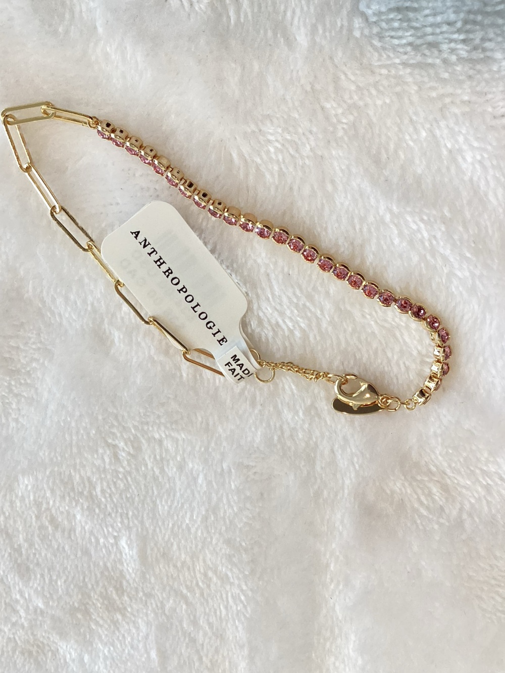 Anthropologie 14KT Gold Plated Bracelet Dainty New Colorful Pink Rose Stone - Picture 5 of 8